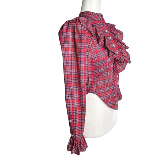Vintage 80s Nordstrom Point Of View Red Plaid Ruffle Button-Up Blouse Size XS - Picture 5 of 6